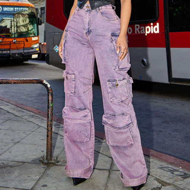 Street Wear Pockets Lavender Color Women Bleach Stone Wash Ladies High Waist Denim Jeans Wide Leg Fashion Denim Cargo Pants,Shuliqi Apparel - Men's Clothing Wholesale Manufacturer,Street Wear Pockets Lavender Color Women Bleach Stone Wash Ladies High Waist Denim Jeans Wide Leg Fashion Denim Cargo Pants