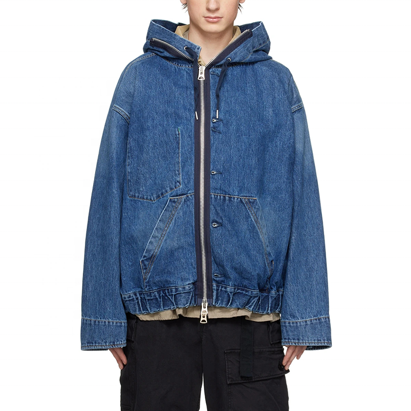 Factory Wholesale Custom Logo 100% Cotton Two Way Zip Up Patch Pockets Hooded Jacket Washed Blue Layered Denim Jacket,Shuliqi Apparel - Men's Clothing Wholesale Manufacturer,Factory Wholesale Custom Logo 100% Cotton Two Way Zip Up Patch Pockets Hooded Jacket Washed Blue Layered Denim Jacket