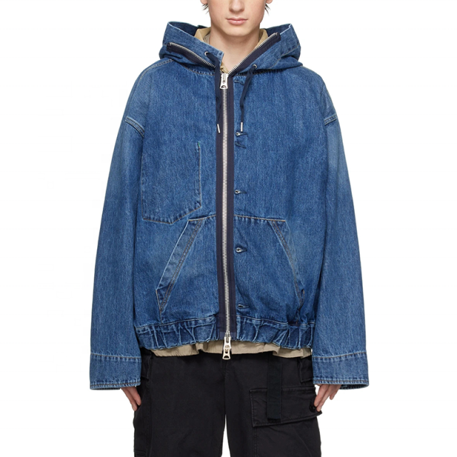 Factory Wholesale Custom Logo 100% Cotton Two Way Zip Up Patch Pockets Hooded Jacket Washed Blue Layered Denim Jacket,Shuliqi Apparel - Men's Clothing Wholesale Manufacturer,Factory Wholesale Custom Logo 100% Cotton Two Way Zip Up Patch Pockets Hooded Jacket Washed Blue Layered Denim Jacket