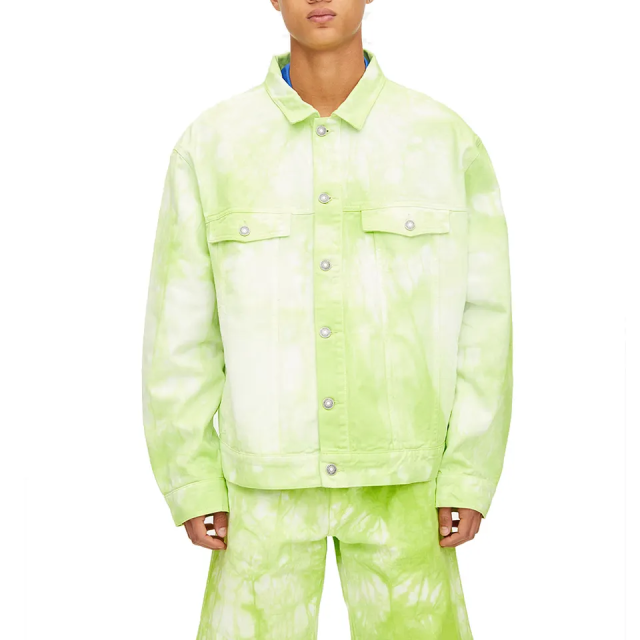 Hot Sale Street Outwear Neon Green Stand Neck Men Unlined Buttons Design Long Sleeve Tie Dyed Denim Jacket,Shuliqi Apparel - Men's Clothing Wholesale Manufacturer,Hot Sale Street Outwear Neon Green Stand Neck Men Unlined Buttons Design Long Sleeve Tie Dyed Denim Jacket