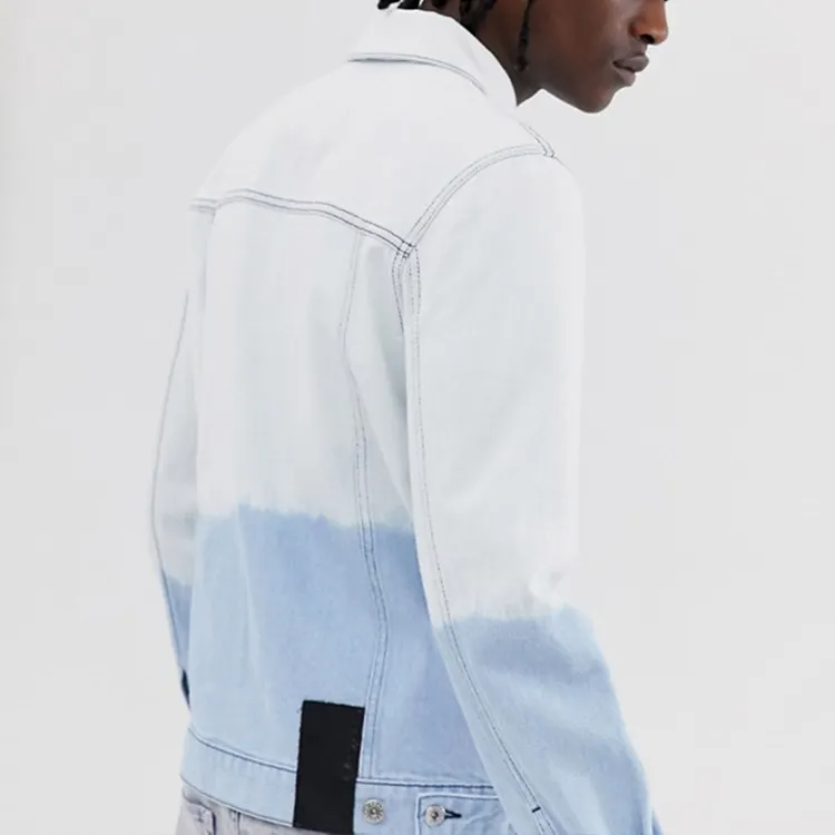Wholesale price stand neck cotton color blocked men long sleeve zip up unlined dip dye wash denim jackets with pocket,Shuliqi Apparel - Men's Clothing Wholesale Manufacturer,Wholesale price stand neck cotton color blocked men long sleeve zip up unlined dip dye wash denim jackets with pocket