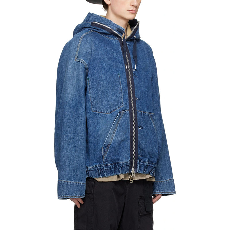 Factory Wholesale Custom Logo 100% Cotton Two Way Zip Up Patch Pockets Hooded Jacket Washed Blue Layered Denim Jacket,Shuliqi Apparel - Men's Clothing Wholesale Manufacturer,Factory Wholesale Custom Logo 100% Cotton Two Way Zip Up Patch Pockets Hooded Jacket Washed Blue Layered Denim Jacket