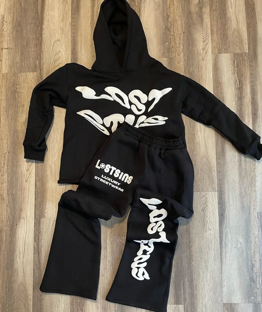 Custom 100% Cotton Youth Casual Flared Jogger Track Suit Set Puff Printing Stacked Sweat Pants With Hoodie,Shuliqi Apparel - Men's Clothing Wholesale Manufacturer,Custom 100% Cotton Youth Casual Flared Jogger Track Suit Set Puff Printing Stacked Sweat Pants With Hoodie