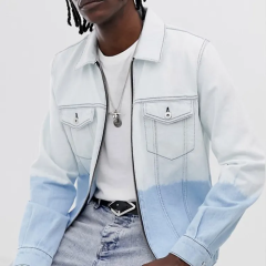 Wholesale price stand neck cotton color blocked men long sleeve zip up unlined dip dye wash denim jackets with pocket,Shuliqi Apparel - Men's Clothing Wholesale Manufacturer,Wholesale price stand neck cotton color blocked men long sleeve zip up unlined dip dye wash denim jackets with pocket