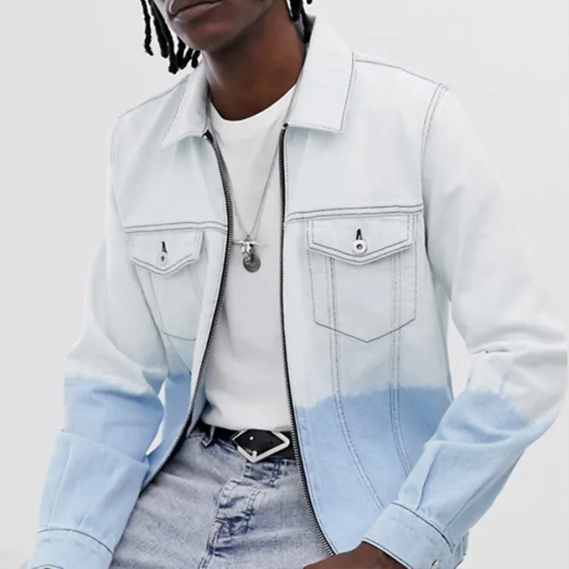 Wholesale price stand neck cotton color blocked men long sleeve zip up unlined dip dye wash denim jackets with pocket,Shuliqi Apparel - Men's Clothing Wholesale Manufacturer,Wholesale price stand neck cotton color blocked men long sleeve zip up unlined dip dye wash denim jackets with pocket