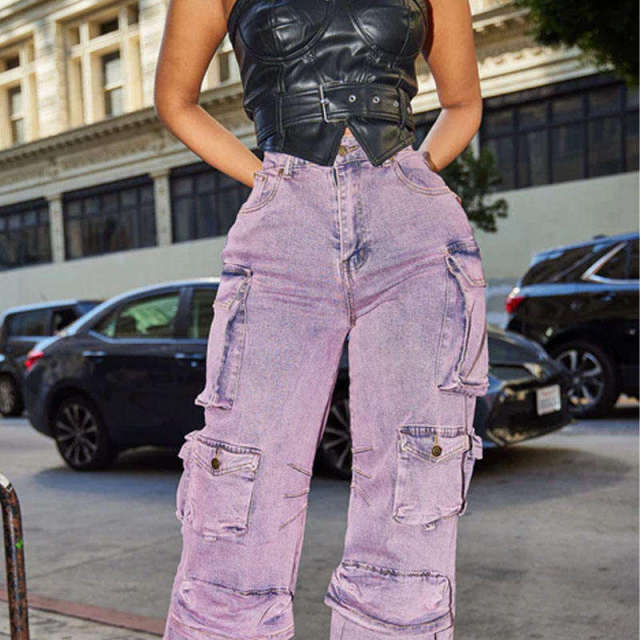 Street Wear Pockets Lavender Color Women Bleach Stone Wash Ladies High Waist Denim Jeans Wide Leg Fashion Denim Cargo Pants,Shuliqi Apparel - Men's Clothing Wholesale Manufacturer,Street Wear Pockets Lavender Color Women Bleach Stone Wash Ladies High Waist Denim Jeans Wide Leg Fashion Denim Cargo Pants
