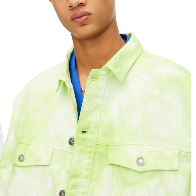 Hot Sale Street Outwear Neon Green Stand Neck Men Unlined Buttons Design Long Sleeve Tie Dyed Denim Jacket,Shuliqi Apparel - Men's Clothing Wholesale Manufacturer,Hot Sale Street Outwear Neon Green Stand Neck Men Unlined Buttons Design Long Sleeve Tie Dyed Denim Jacket