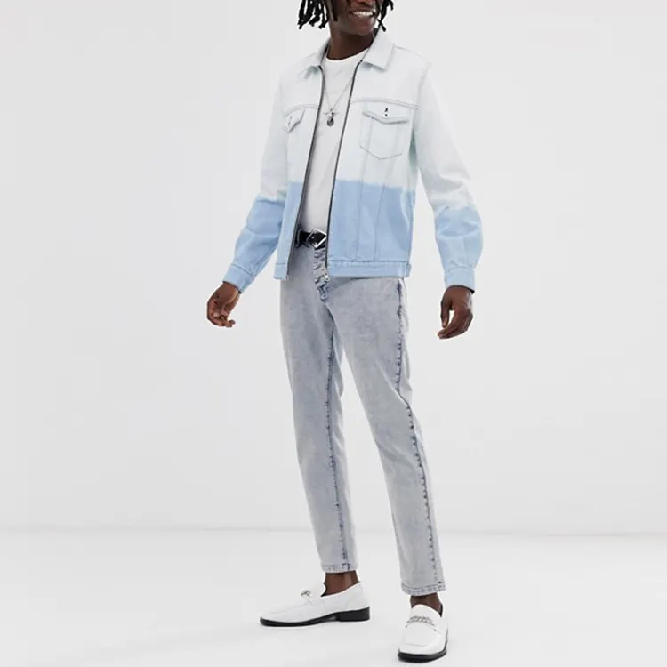 Wholesale price stand neck cotton color blocked men long sleeve zip up unlined dip dye wash denim jackets with pocket,Shuliqi Apparel - Men's Clothing Wholesale Manufacturer,Wholesale price stand neck cotton color blocked men long sleeve zip up unlined dip dye wash denim jackets with pocket