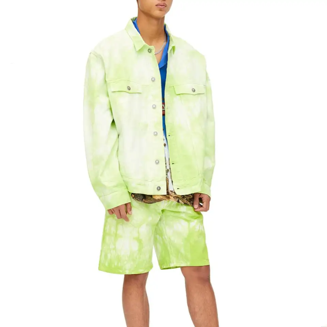Hot Sale Street Outwear Neon Green Stand Neck Men Unlined Buttons Design Long Sleeve Tie Dyed Denim Jacket,Shuliqi Apparel - Men's Clothing Wholesale Manufacturer,Hot Sale Street Outwear Neon Green Stand Neck Men Unlined Buttons Design Long Sleeve Tie Dyed Denim Jacket