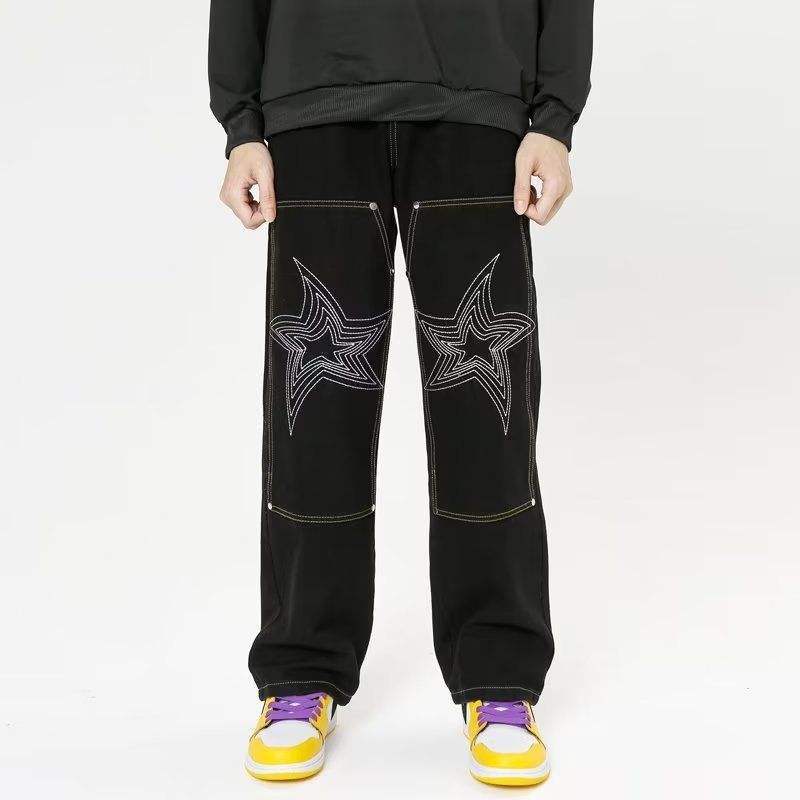 Custom Men's Embroidered Jeans Loose Full Length Pants Black Simple Jeans Street Fashion Unique Personality,Shuliqi Apparel - Men's Clothing Wholesale Manufacturer,Custom Men's Embroidered Jeans Loose Full Length Pants Black Simple Jeans Street Fashion Unique Personality
