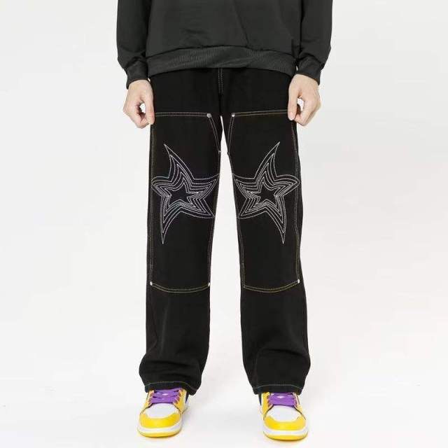 Custom Men's Embroidered Jeans Loose Full Length Pants Black Simple Jeans Street Fashion Unique Personality,Shuliqi Apparel - Men's Clothing Wholesale Manufacturer,Custom Men's Embroidered Jeans Loose Full Length Pants Black Simple Jeans Street Fashion Unique Personality