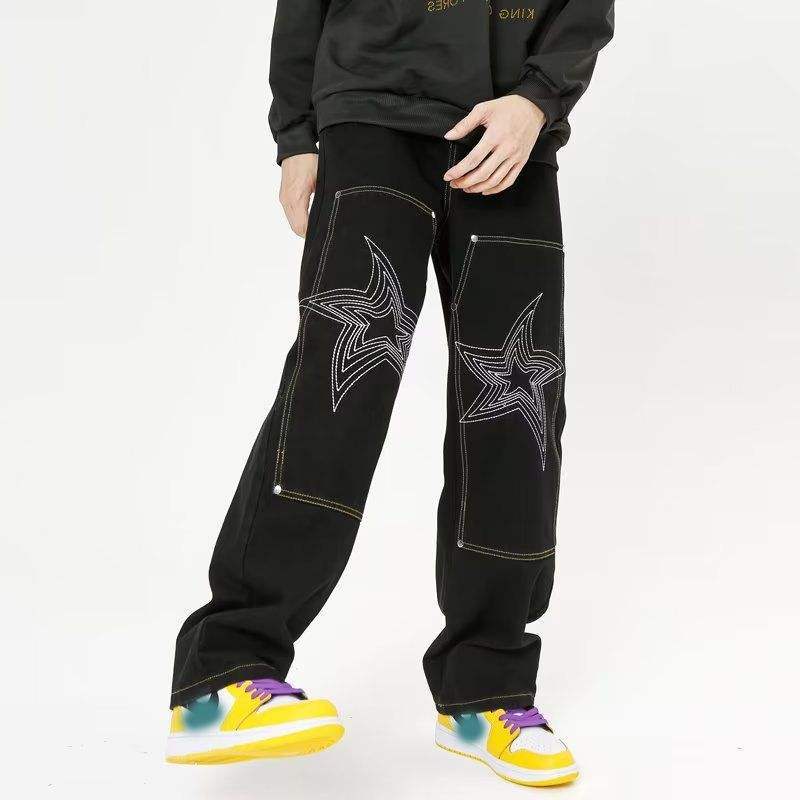 Custom Men's Embroidered Jeans Loose Full Length Pants Black Simple Jeans Street Fashion Unique Personality,Shuliqi Apparel - Men's Clothing Wholesale Manufacturer,Custom Men's Embroidered Jeans Loose Full Length Pants Black Simple Jeans Street Fashion Unique Personality