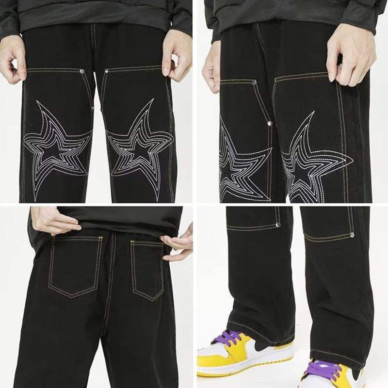 Custom Men's Embroidered Jeans Loose Full Length Pants Black Simple Jeans Street Fashion Unique Personality,Shuliqi Apparel - Men's Clothing Wholesale Manufacturer,Custom Men's Embroidered Jeans Loose Full Length Pants Black Simple Jeans Street Fashion Unique Personality