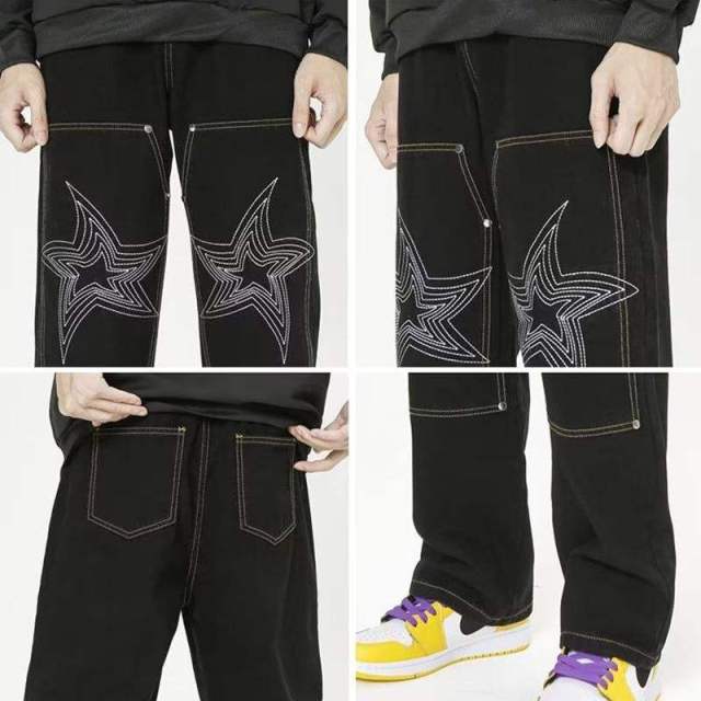 Custom Men's Embroidered Jeans Loose Full Length Pants Black Simple Jeans Street Fashion Unique Personality,Shuliqi Apparel - Men's Clothing Wholesale Manufacturer,Custom Men's Embroidered Jeans Loose Full Length Pants Black Simple Jeans Street Fashion Unique Personality