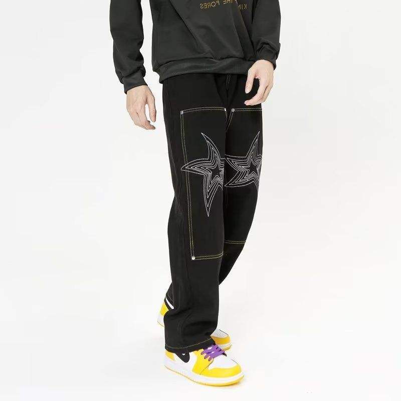 Custom Men's Embroidered Jeans Loose Full Length Pants Black Simple Jeans Street Fashion Unique Personality,Shuliqi Apparel - Men's Clothing Wholesale Manufacturer,Custom Men's Embroidered Jeans Loose Full Length Pants Black Simple Jeans Street Fashion Unique Personality