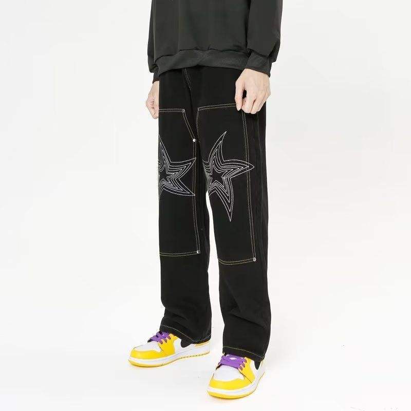 Custom Men's Embroidered Jeans Loose Full Length Pants Black Simple Jeans Street Fashion Unique Personality,Shuliqi Apparel - Men's Clothing Wholesale Manufacturer,Custom Men's Embroidered Jeans Loose Full Length Pants Black Simple Jeans Street Fashion Unique Personality