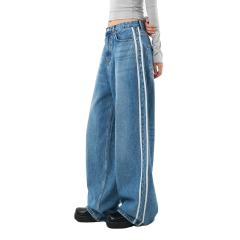 Custom Women Men Unisex Streetwear School Style Vintage Blue Wash Wide Leg Women Baggy Side Stripe Jeans,Shuliqi Apparel - Men's Clothing Wholesale Manufacturer,Custom Women Men Unisex Streetwear School Style Vintage Blue Wash Wide Leg Women Baggy Side Stripe Jeans