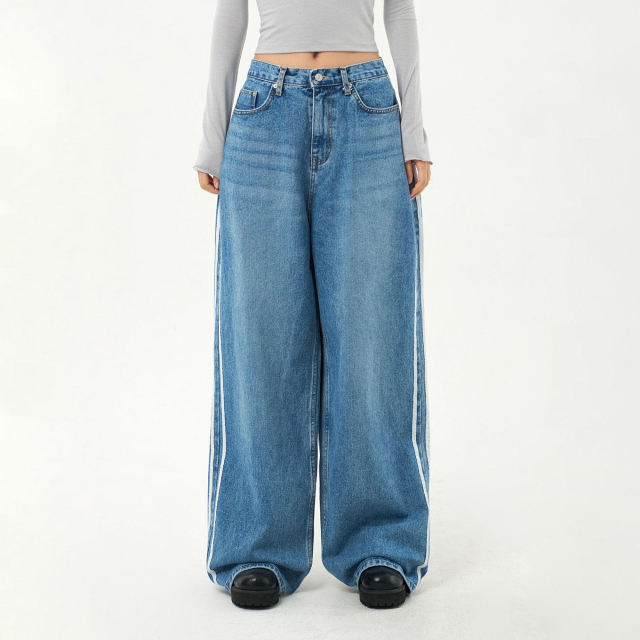 Custom Women Men Unisex Streetwear School Style Vintage Blue Wash Wide Leg Women Baggy Side Stripe Jeans,Shuliqi Apparel - Men's Clothing Wholesale Manufacturer,Custom Women Men Unisex Streetwear School Style Vintage Blue Wash Wide Leg Women Baggy Side Stripe Jeans