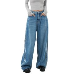 Custom Women Men Unisex Streetwear School Style Vintage Blue Wash Wide Leg Women Baggy Side Stripe Jeans,Shuliqi Apparel - Men's Clothing Wholesale Manufacturer,Custom Women Men Unisex Streetwear School Style Vintage Blue Wash Wide Leg Women Baggy Side Stripe Jeans