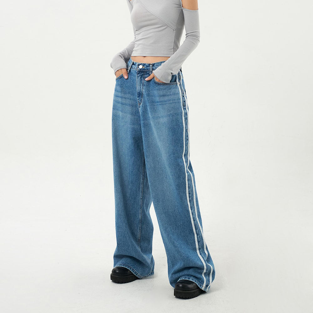 Custom Women Men Unisex Streetwear School Style Vintage Blue Wash Wide Leg Women Baggy Side Stripe Jeans,Shuliqi Apparel - Men's Clothing Wholesale Manufacturer,Custom Women Men Unisex Streetwear School Style Vintage Blue Wash Wide Leg Women Baggy Side Stripe Jeans