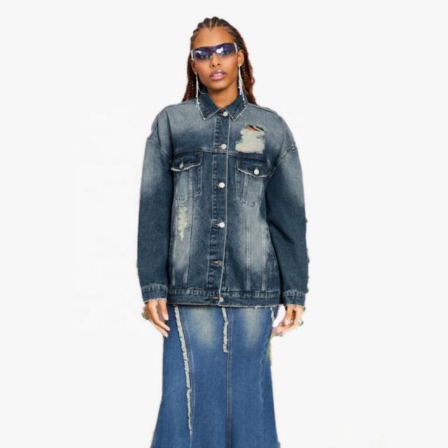 Manufacturers Custom Girls School Wear Daily Casual Wear Denim Oversized Baggy Fit Ripped Button Up Jacket Custom Denim Jacket,Shuliqi Apparel - Men's Clothing Wholesale Manufacturer,Manufacturers Custom Girls School Wear Daily Casual Wear Denim Oversized Baggy Fit Ripped Button Up Jacket Custom Denim Jacket