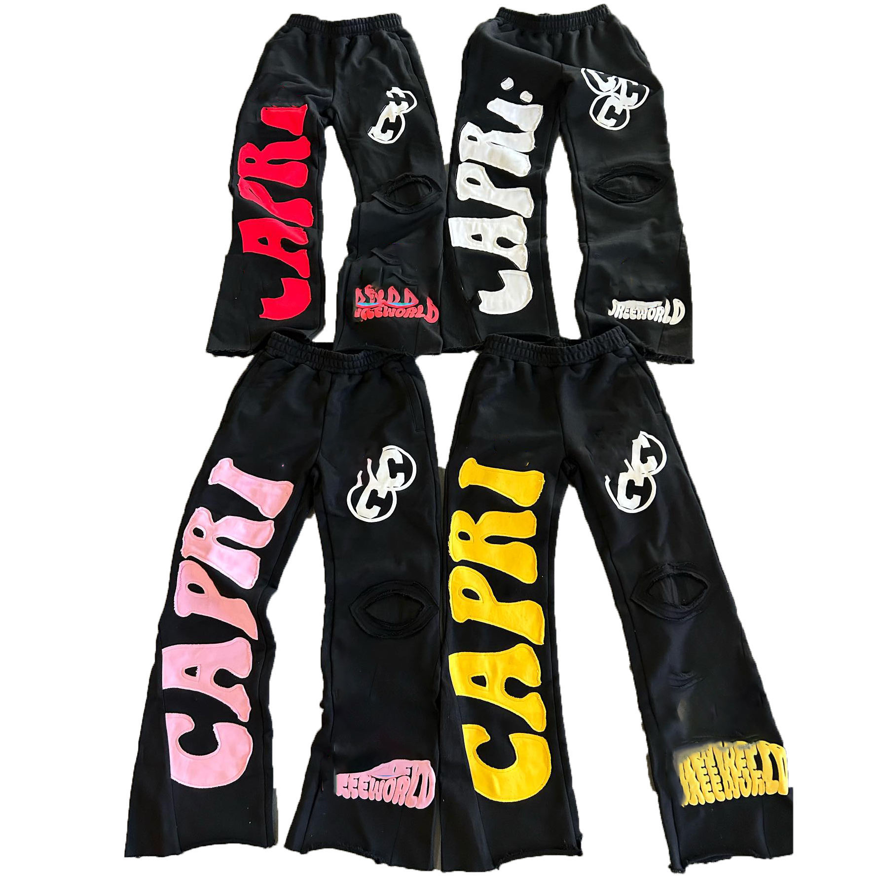 Clothing Manufacturer Streetwear Raw Hem Cut Edge Flared Stacked Distressed Embroidered Patch Sweatpants For Men,Shuliqi Apparel - Men's Clothing Wholesale Manufacturer,Clothing Manufacturer Streetwear Raw Hem Cut Edge Flared Stacked Distressed Embroidered Patch Sweatpants For Men