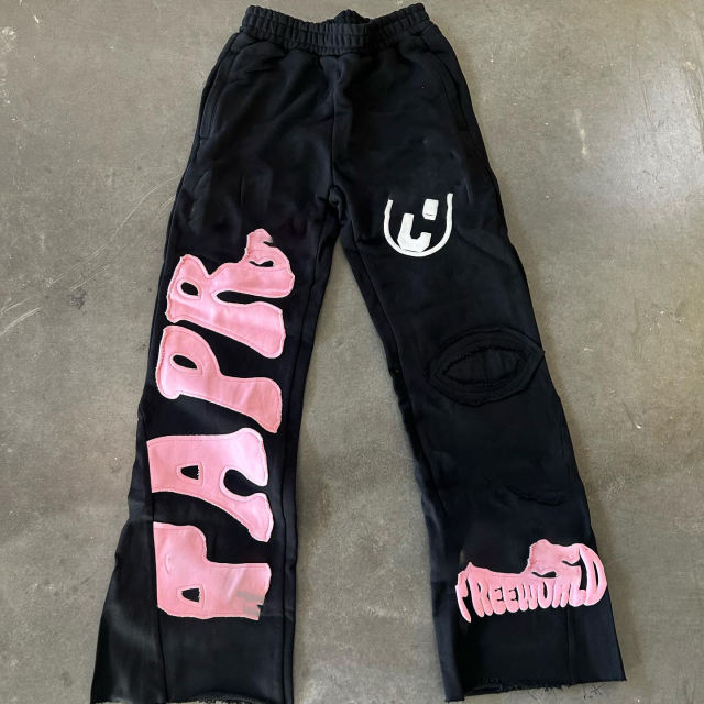 Clothing Manufacturer Streetwear Raw Hem Cut Edge Flared Stacked Distressed Embroidered Patch Sweatpants For Men,Shuliqi Apparel - Men's Clothing Wholesale Manufacturer,Clothing Manufacturer Streetwear Raw Hem Cut Edge Flared Stacked Distressed Embroidered Patch Sweatpants For Men