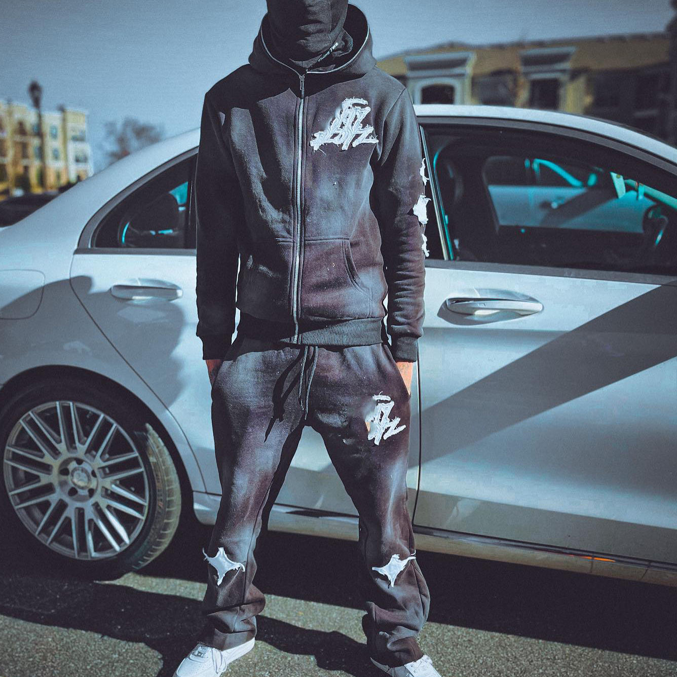 Clothing Manufacturer Distressed Embroidery Patch Sweatsuit Streetwear Sweatpants And Acid Washed Zip Up Hoodie Set Men,Shuliqi Apparel - Men's Clothing Wholesale Manufacturer,Clothing Manufacturer Distressed Embroidery Patch Sweatsuit Streetwear Sweatpants And Acid Washed Zip Up Hoodie Set Men