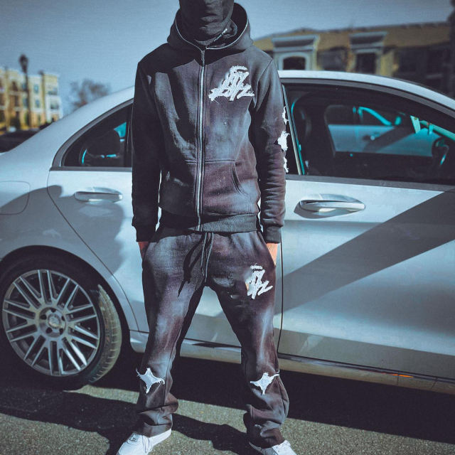 Clothing Manufacturer Distressed Embroidery Patch Sweatsuit Streetwear Sweatpants And Acid Washed Zip Up Hoodie Set Men,Shuliqi Apparel - Men's Clothing Wholesale Manufacturer,Clothing Manufacturer Distressed Embroidery Patch Sweatsuit Streetwear Sweatpants And Acid Washed Zip Up Hoodie Set Men