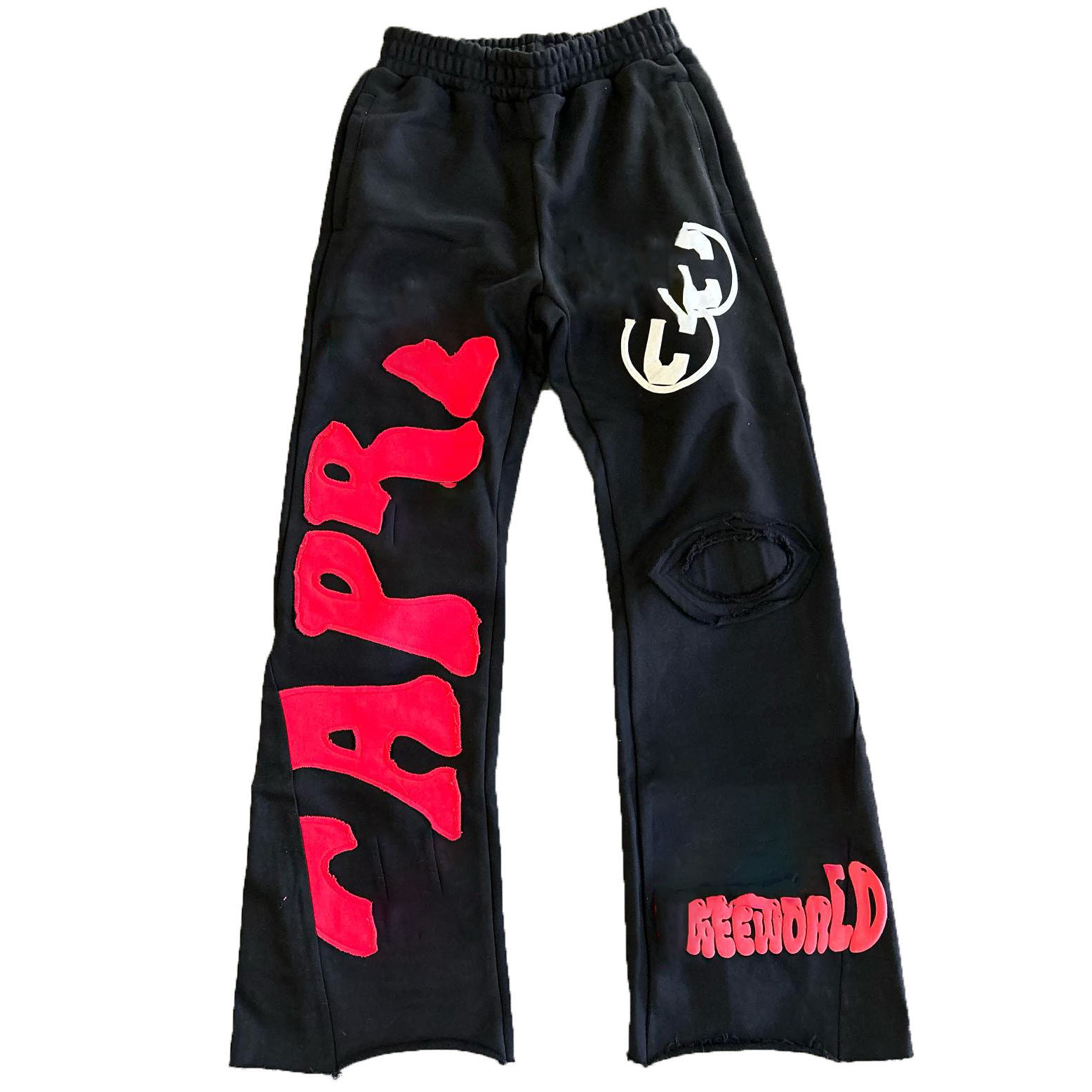 Clothing Manufacturer Streetwear Raw Hem Cut Edge Flared Stacked Distressed Embroidered Patch Sweatpants For Men,Shuliqi Apparel - Men's Clothing Wholesale Manufacturer,Clothing Manufacturer Streetwear Raw Hem Cut Edge Flared Stacked Distressed Embroidered Patch Sweatpants For Men