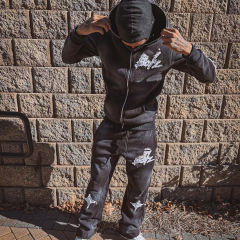 Clothing Manufacturer Distressed Embroidery Patch Sweatsuit Streetwear Sweatpants And Acid Washed Zip Up Hoodie Set Men,Shuliqi Apparel - Men's Clothing Wholesale Manufacturer,Clothing Manufacturer Distressed Embroidery Patch Sweatsuit Streetwear Sweatpants And Acid Washed Zip Up Hoodie Set Men