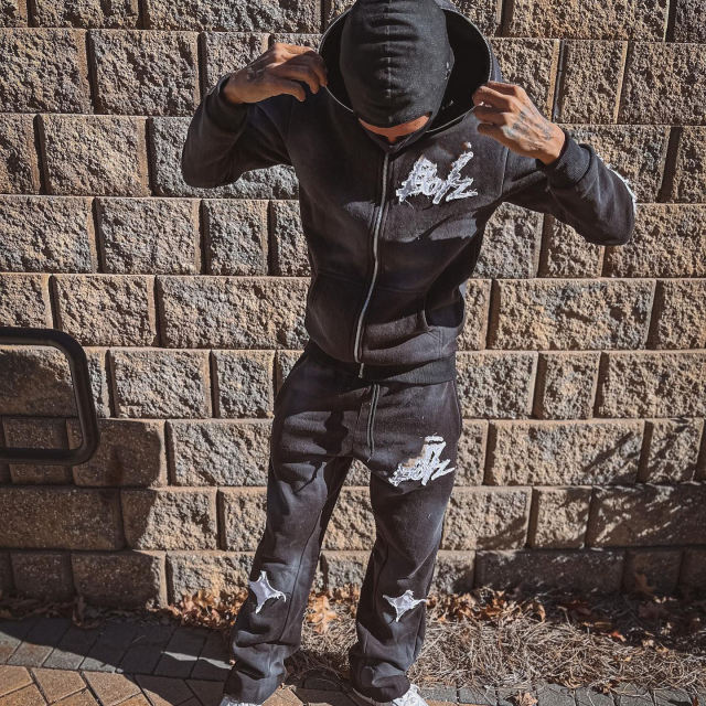 Clothing Manufacturer Distressed Embroidery Patch Sweatsuit Streetwear Sweatpants And Acid Washed Zip Up Hoodie Set Men,Shuliqi Apparel - Men's Clothing Wholesale Manufacturer,Clothing Manufacturer Distressed Embroidery Patch Sweatsuit Streetwear Sweatpants And Acid Washed Zip Up Hoodie Set Men