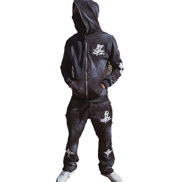 Clothing Manufacturer Distressed Embroidery Patch Sweatsuit Streetwear Sweatpants And Acid Washed Zip Up Hoodie Set Men,Shuliqi Apparel - Men's Clothing Wholesale Manufacturer,Clothing Manufacturer Distressed Embroidery Patch Sweatsuit Streetwear Sweatpants And Acid Washed Zip Up Hoodie Set Men