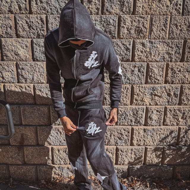 Clothing Manufacturer Custom Vintage Crop flared sweatpants and Full Zip Up Distressed Embroidery Patch Acid Wash Hoodie Men,Shuliqi Apparel - Men's Clothing Wholesale Manufacturer,Clothing Manufacturer Custom Vintage Crop flared sweatpants and Full Zip Up Distressed Embroidery Patch Acid Wash Hoodie Men