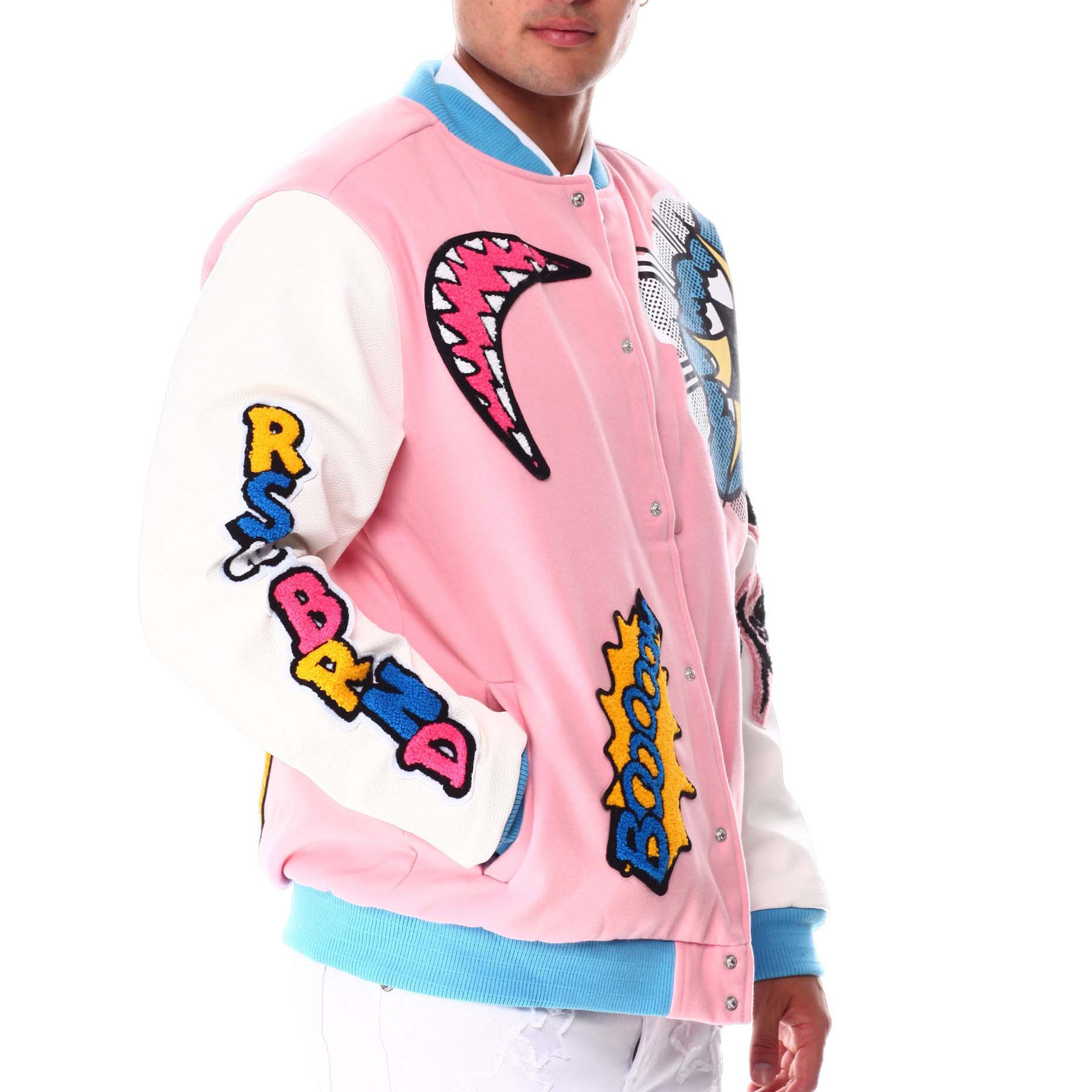 Hot Sale high school hiip hop winter custom embroidered LOGO Cartoon art pink varsity jackets for men,Shuliqi Apparel - Men's Clothing Wholesale Manufacturer,Hot Sale high school hiip hop winter custom embroidered LOGO Cartoon art pink varsity jackets for men | Wholesale Men's Apparel | OEM | Shuliqi