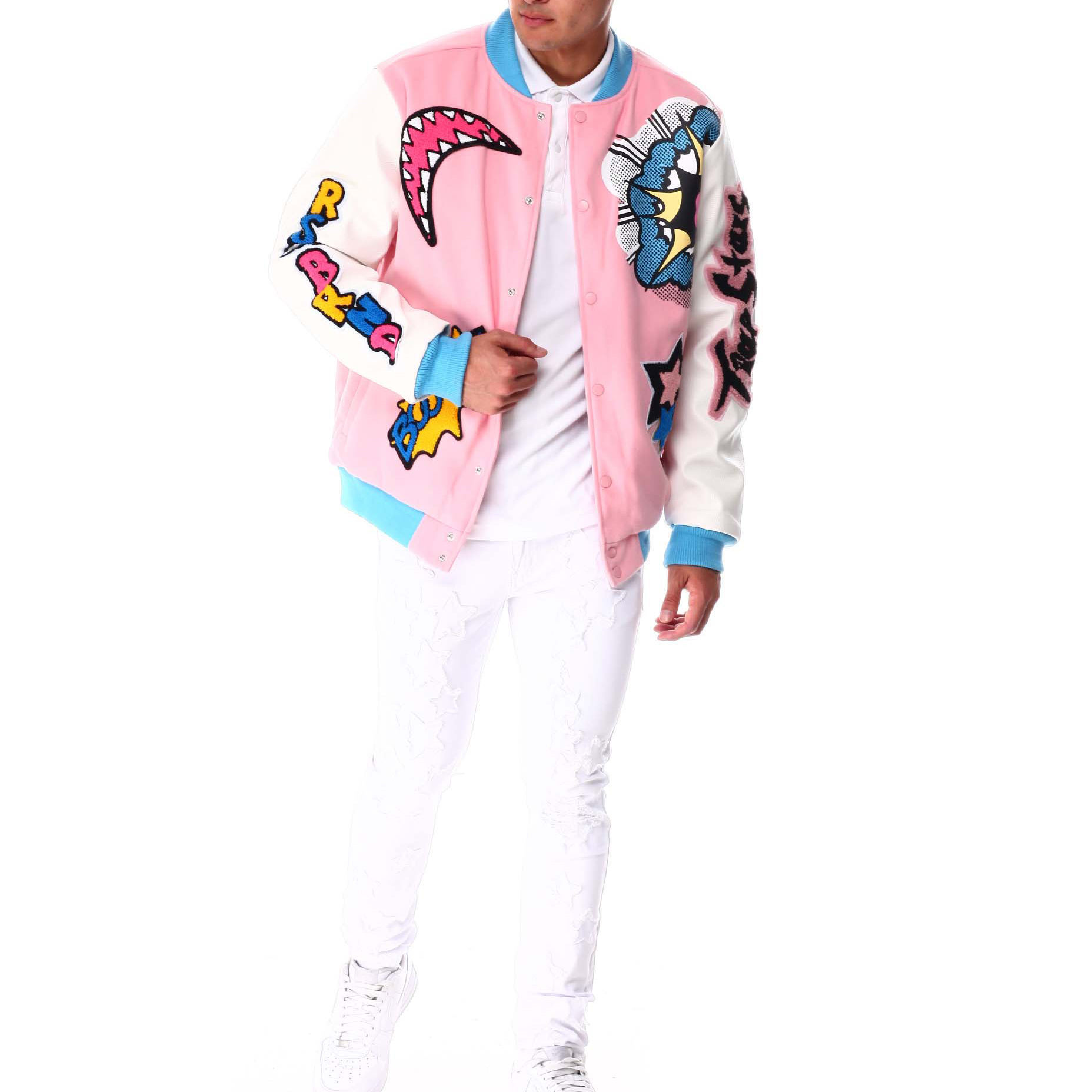 Hot Sale high school hiip hop winter custom embroidered LOGO Cartoon art pink varsity jackets for men,Shuliqi Apparel - Men's Clothing Wholesale Manufacturer,Hot Sale high school hiip hop winter custom embroidered LOGO Cartoon art pink varsity jackets for men | Wholesale Men's Apparel | OEM | Shuliqi