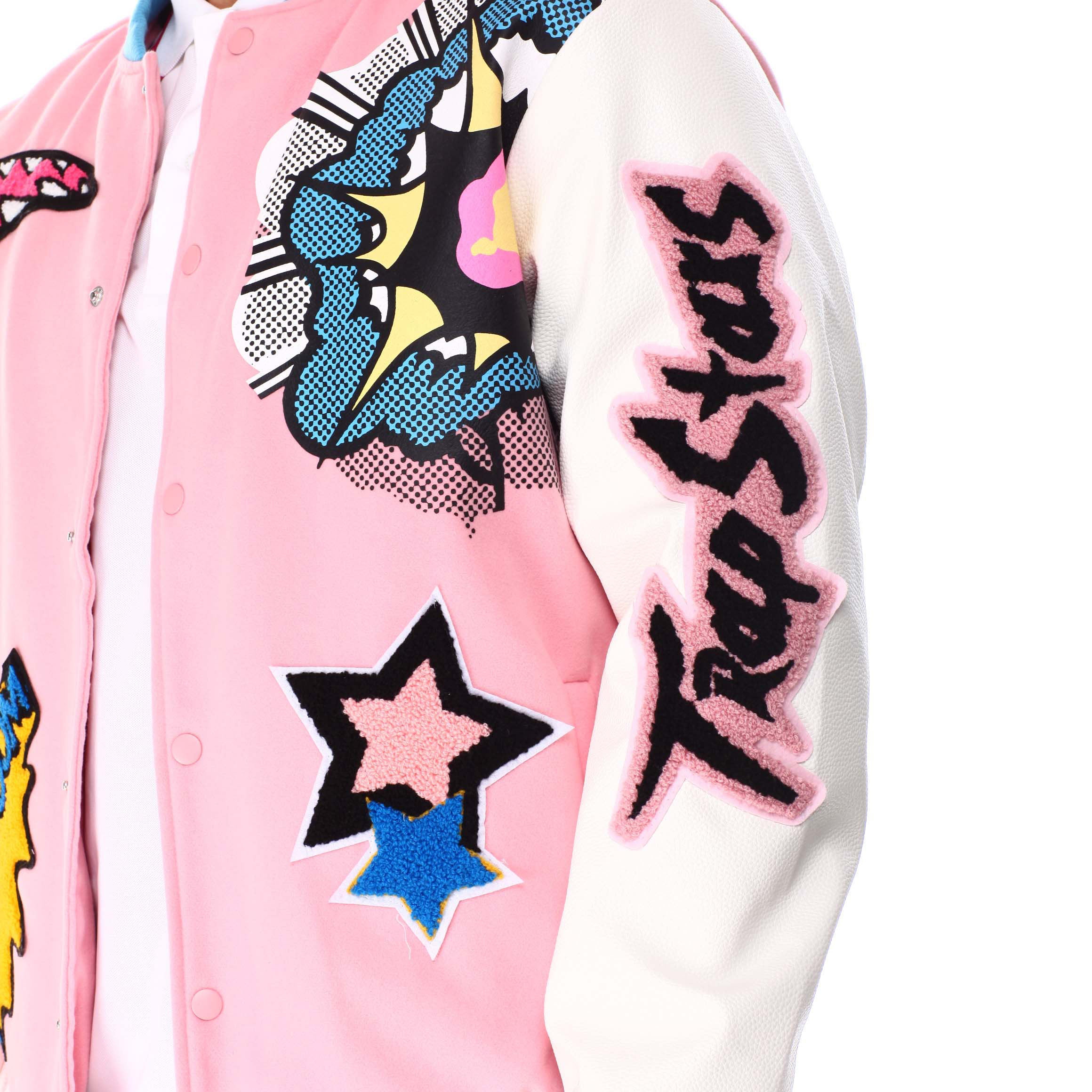 Hot Sale high school hiip hop winter custom embroidered LOGO Cartoon art pink varsity jackets for men,Shuliqi Apparel - Men's Clothing Wholesale Manufacturer,Hot Sale high school hiip hop winter custom embroidered LOGO Cartoon art pink varsity jackets for men | Wholesale Men's Apparel | OEM | Shuliqi