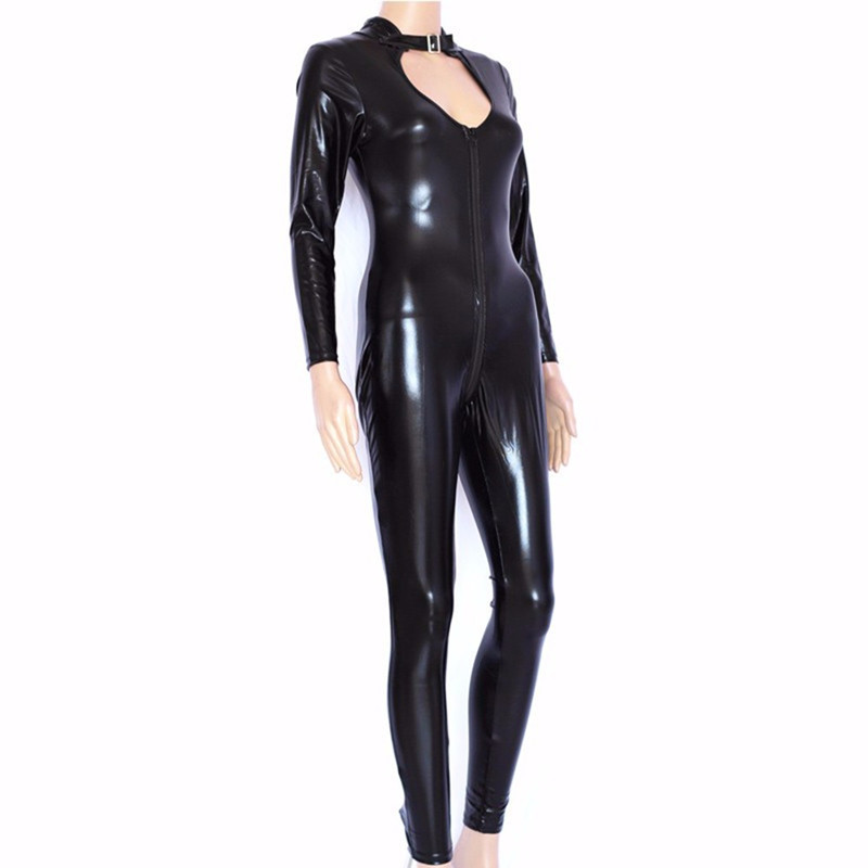 Plus Size S-4XL Sexy Women Patent Leather Bodysuit Costumes with Zipper Crotch For Night Club DS Party Fancy Vinyl Leather