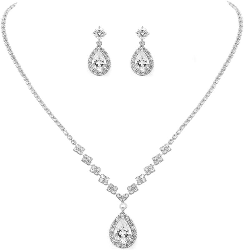 Bride Crystal Necklace Earrings Set Bridal Wedding Jewelry Sets Rhinestone Choker Necklace Prom Costume Jewelry Set for Women and Girls(3 piece set - 2 earrings and 1 necklace)