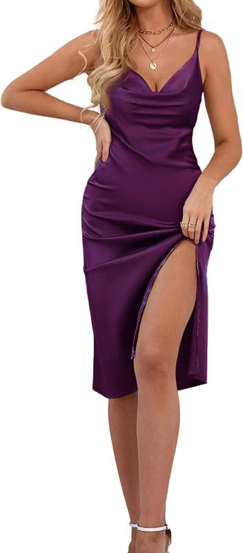 Women's Satin Drape Cowl Neck Sleeveless Strappy Cami Split Slit Party Midi Dress
