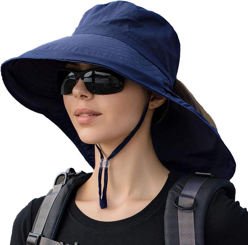 Women Sun Hats UV Protection Wide Brim Foldable Ponytail Hole Beach Hats with Neck Cover for Gardening