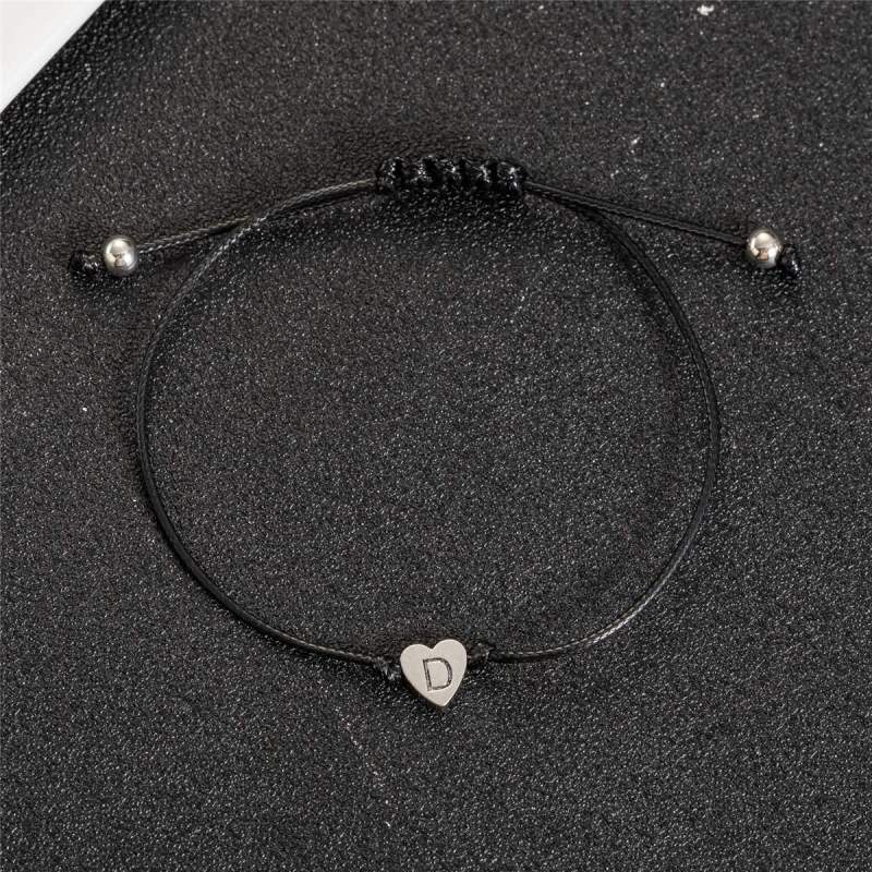 Plated Initial Heart String Bracelets for Women Men Teen Girls Boys Handmade Red Black Wax Rope Stainless Steel Heart Charm Bracelet Matching Couples Bracelets