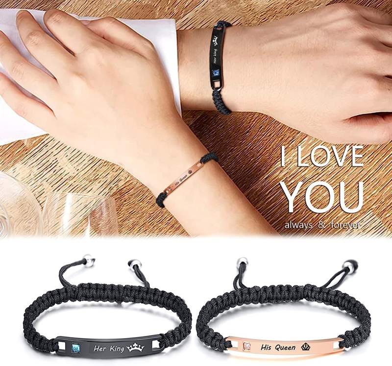 Couples Bracelets Personalized Handmade Braided Rope ID Plate for Women Men Friendship