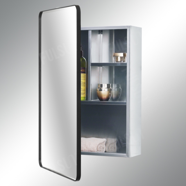 Stainless Steel Medicine Cabinet, Beveled Edge Mirror Door with Black Round Corner Frame