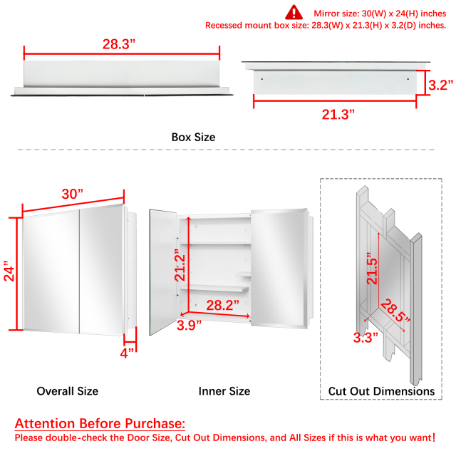 White Medicine Cabinet, With Golden Round Corner Frame 30x24