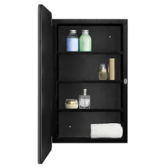Fundin Black Plastic Medicine Cabinet, Mirror Door with Round Corner Metal Frame, Recessed and Surface Mount Bathroom Wall Medicine Cabinet, 16 x 28 inch Mirror Size
