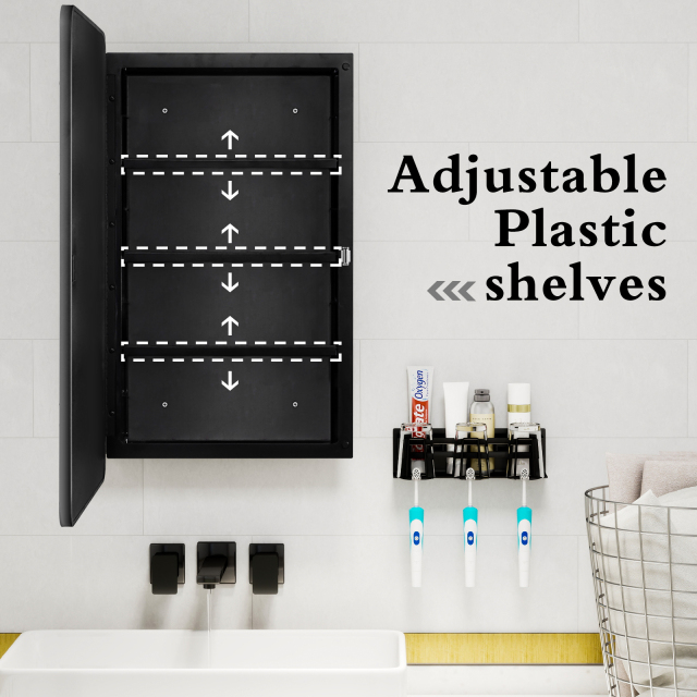 Fundin Black Plastic Medicine Cabinet, Mirror Door with Round Corner Metal Frame, Recessed and Surface Mount Bathroom Wall Medicine Cabinet, 16 x 28 inch Mirror Size