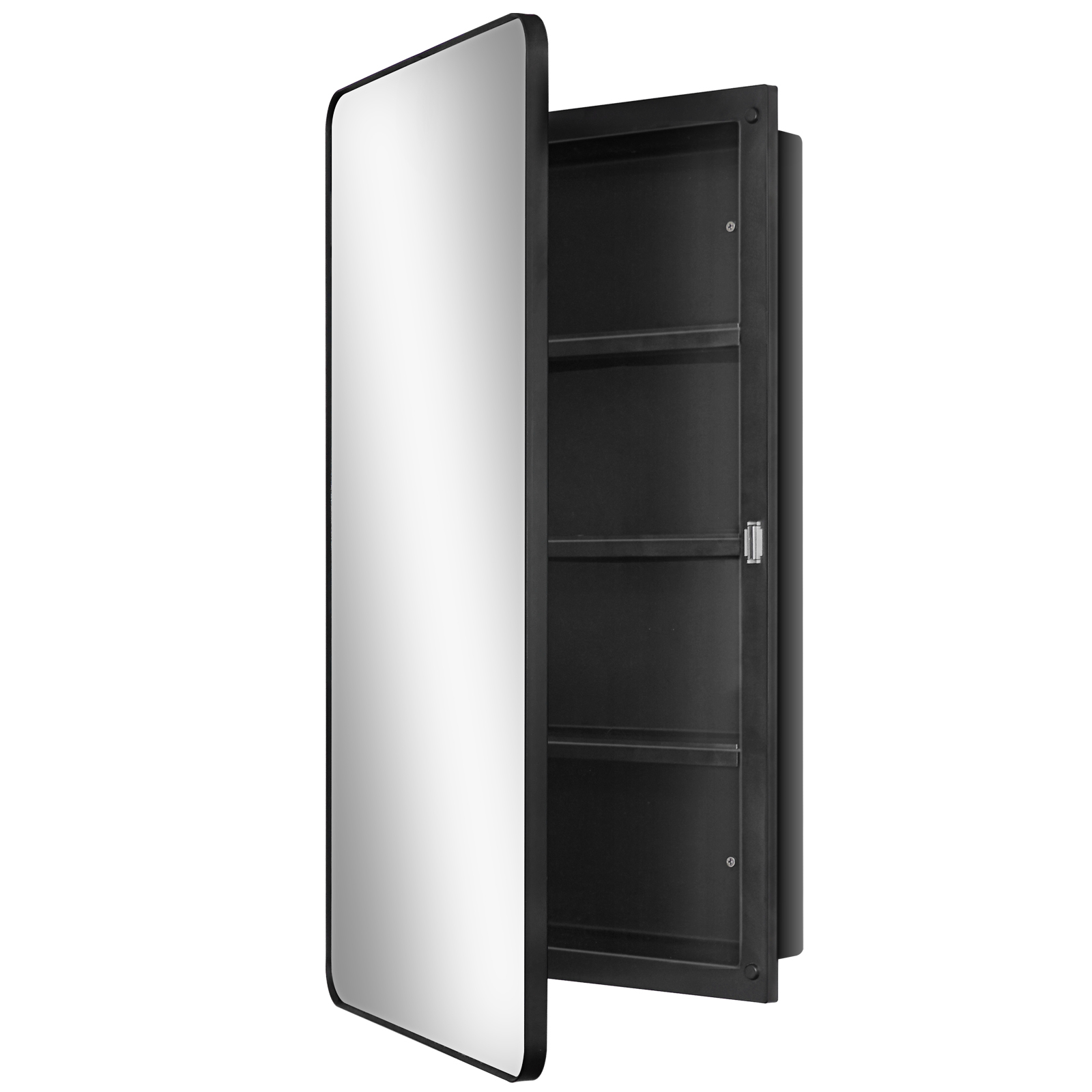 Fundin Black Plastic Medicine Cabinet, Mirror Door with Round Corner Metal Frame, Recessed and Surface Mount Bathroom Wall Medicine Cabinet, 16 x 28 inch Mirror Size