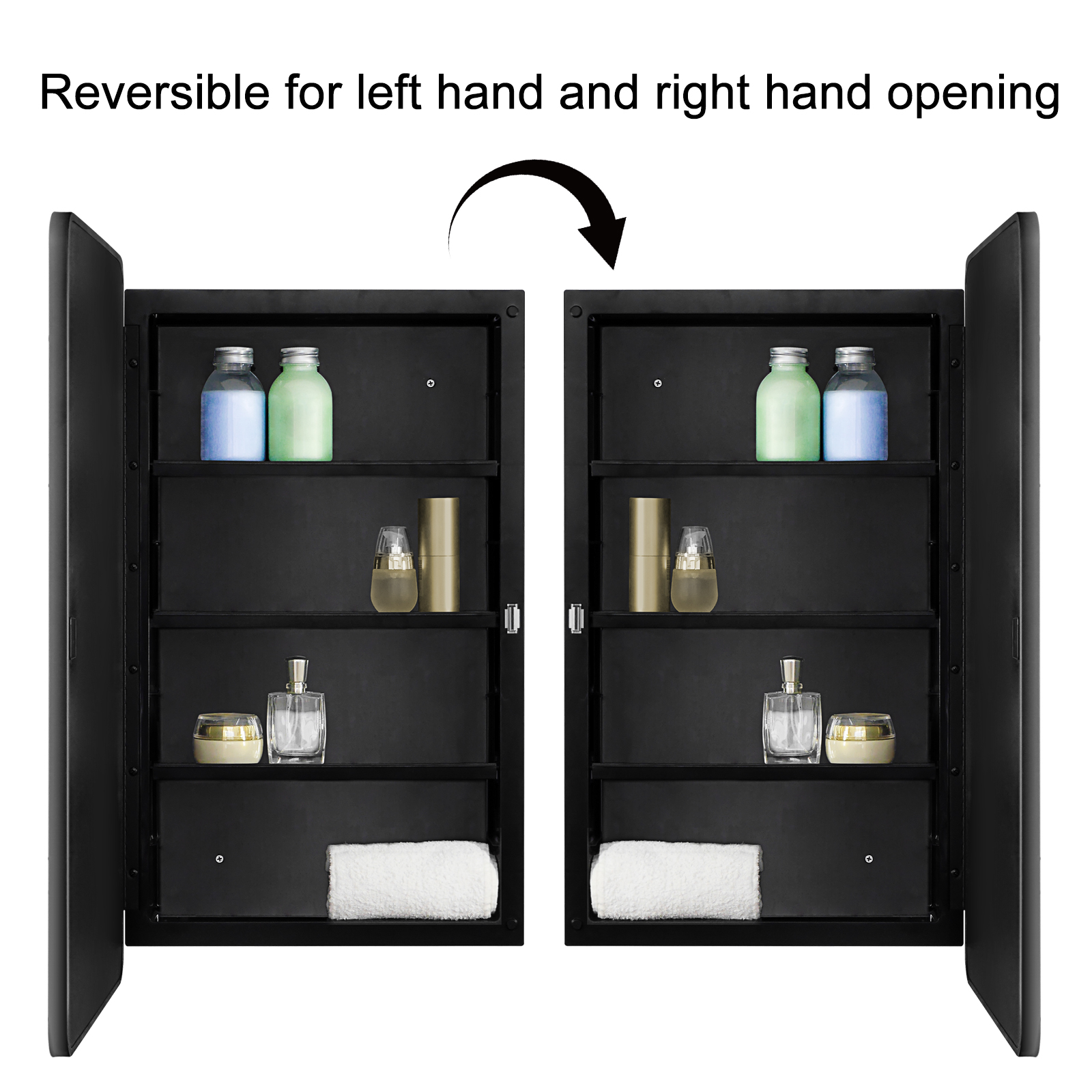Fundin Black Plastic Medicine Cabinet, Mirror Door with Round Corner Metal Frame, Recessed and Surface Mount Bathroom Wall Medicine Cabinet, 16 x 28 inch Mirror Size