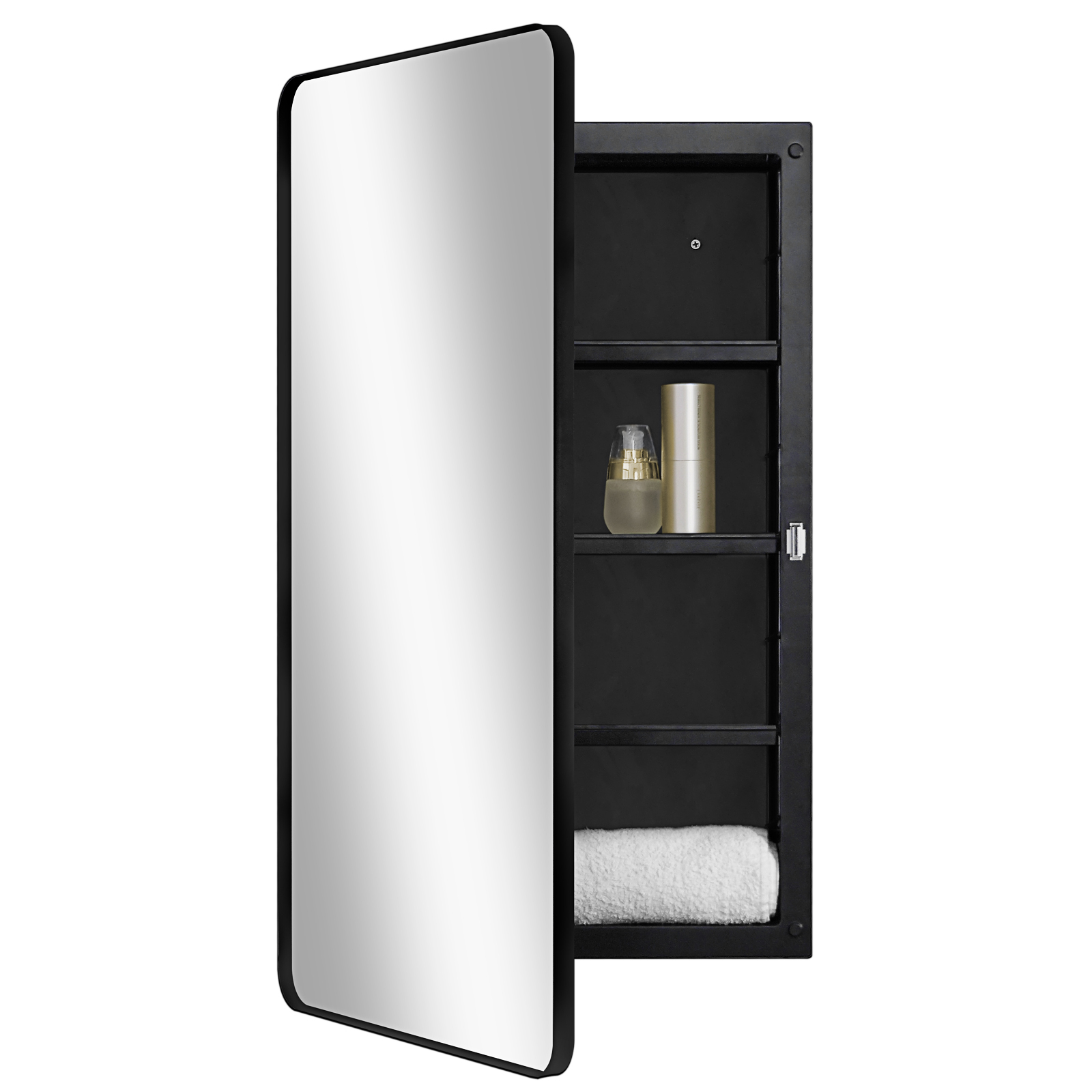 Fundin Black Plastic Medicine Cabinet, Mirror Door with Round Corner Metal Frame, Recessed and Surface Mount Bathroom Wall Medicine Cabinet, 16 x 28 inch Mirror Size